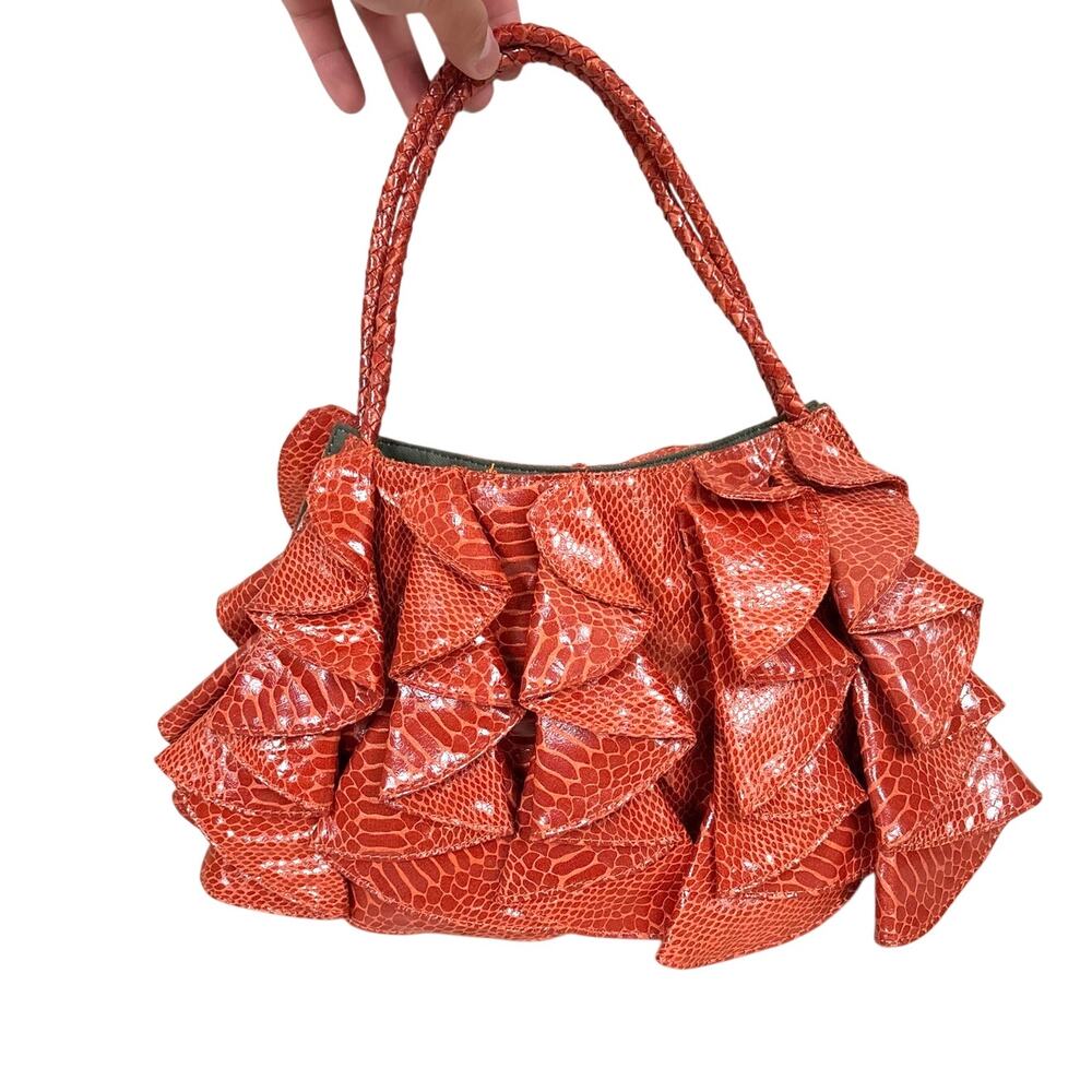 Sondra Roberts Dark Orange Faux Snakeskin Ruffle Handle Handbag Y2K NEW